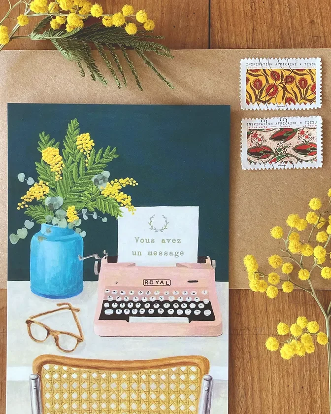 タイプライターとミモザのイラスト