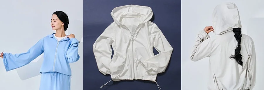 軽量でフード付きのカジュアルなジャケットを、女性モデルが着用している様子や平置きで展示している様子など、複数の視点から紹介しています。