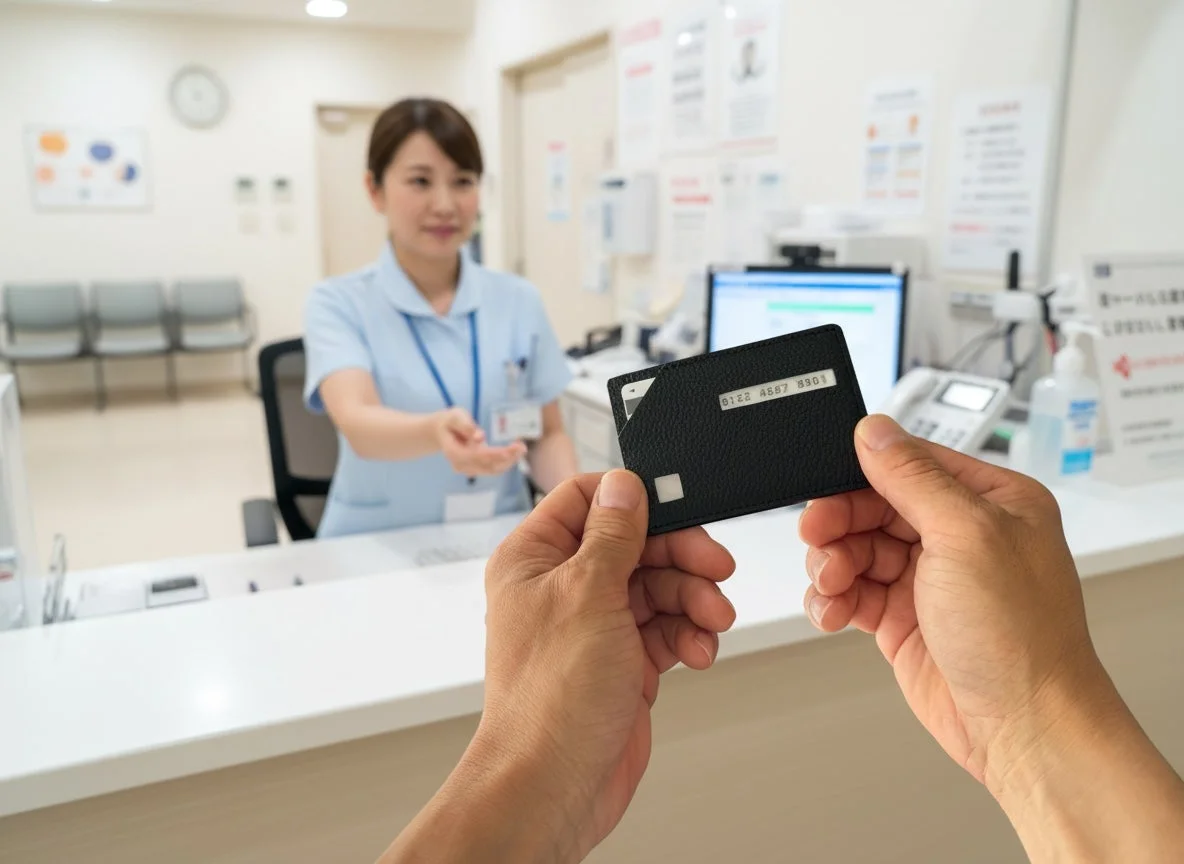 病院の受付でカードを提示する様子