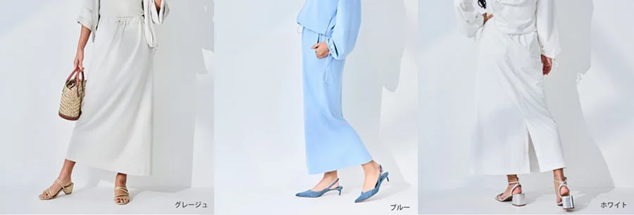 異なる3色のリラックス感のあるロングワンピースまたはセットアップを着た女性のコーディネート例。