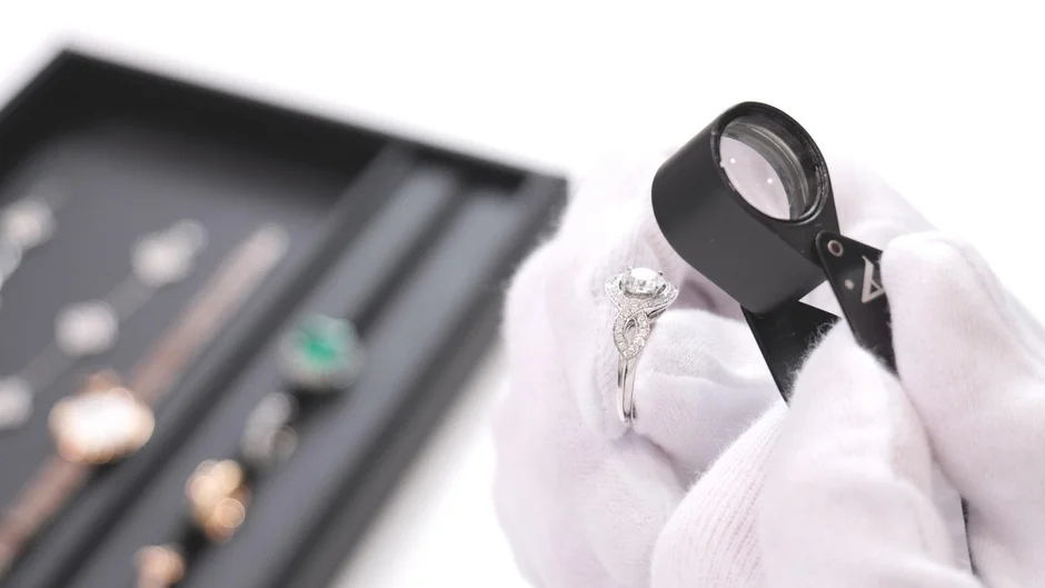 ダイヤモンドリングを鑑定する様子