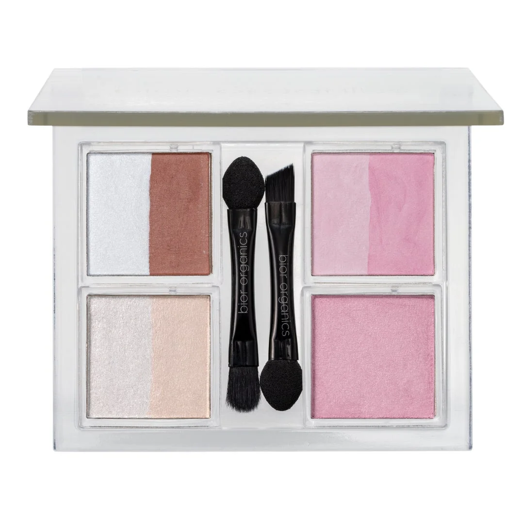 複数の色味のアイシャドウ、チーク、ハイライト、ブロンザーがセットになったメイクアップパレット