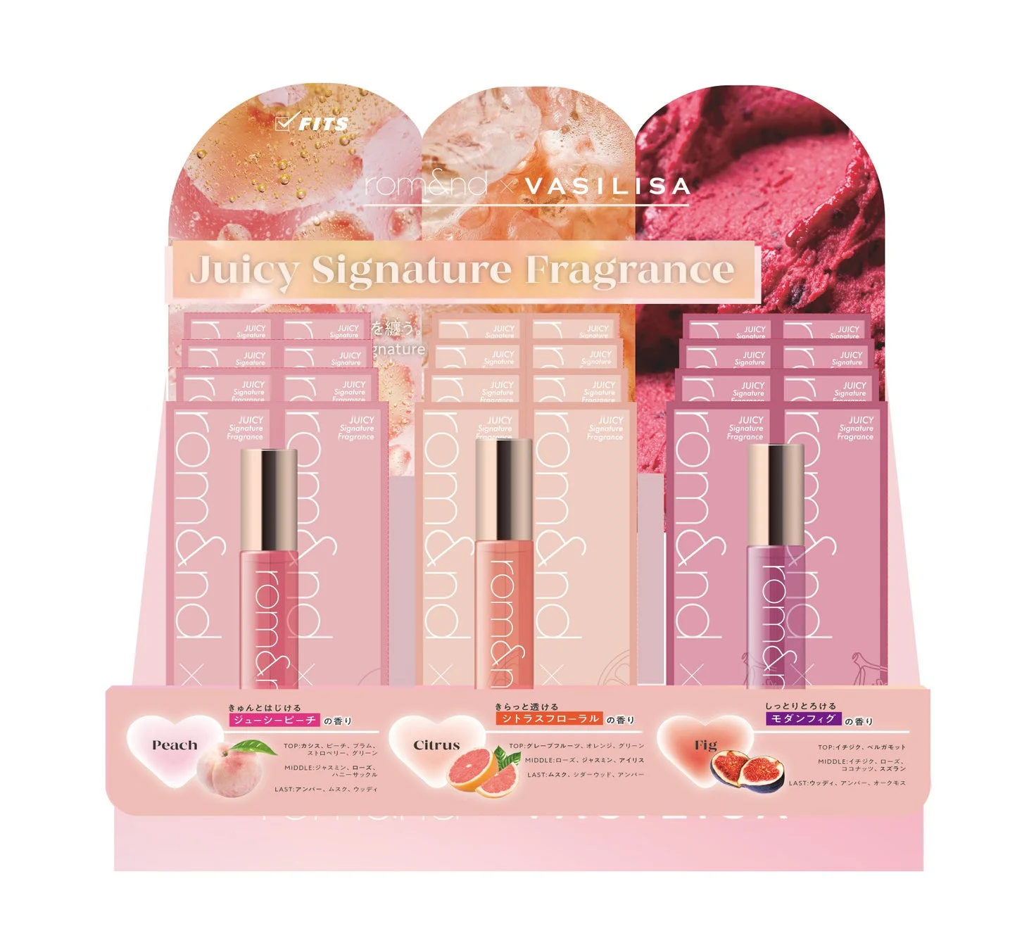 rom&ndとVASILISAのコラボフレグランスの店頭ディスプレイ