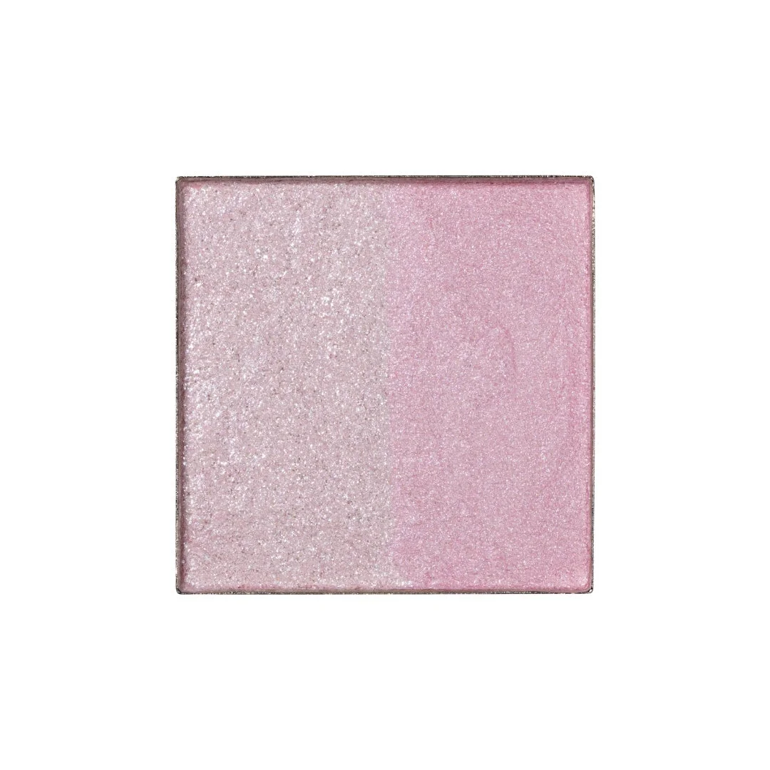 淡いピンクまたはラベンダーとやや濃いピンクのきらめく質感の化粧品パレット