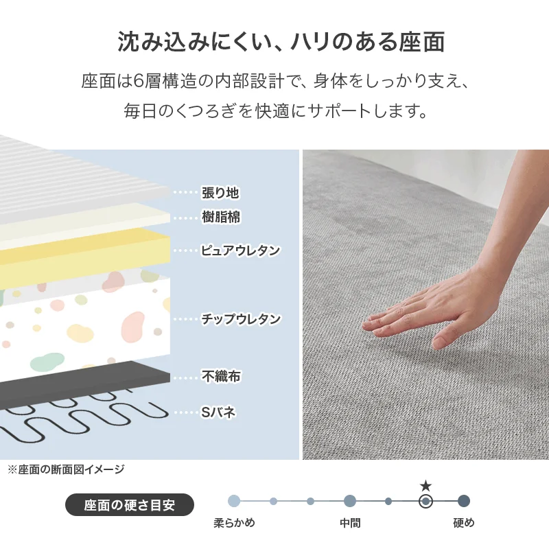 沈み込みにくい、ハリのある座面