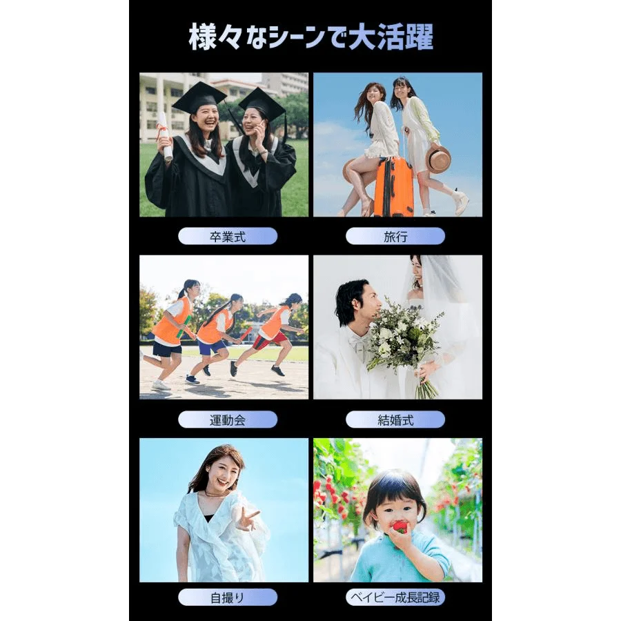 卒業式、旅行、運動会、結婚式、自撮り、赤ちゃんの成長記録といった様々なシーンで活躍する様子が描かれています