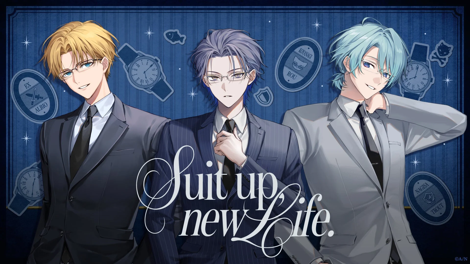 3人の男性アニメキャラクターがスタイリッシュなスーツを着てポーズをとっているイラストです。