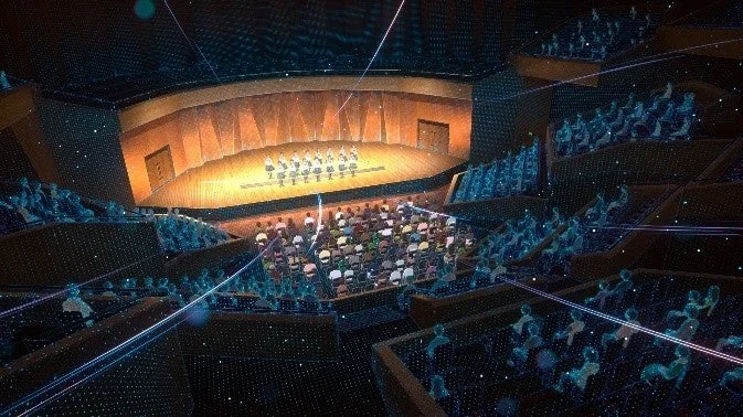 未来的なコンサートホールで、舞台上のパフォーマーと、ワイヤーフレーム状に表現された観客が描かれている。