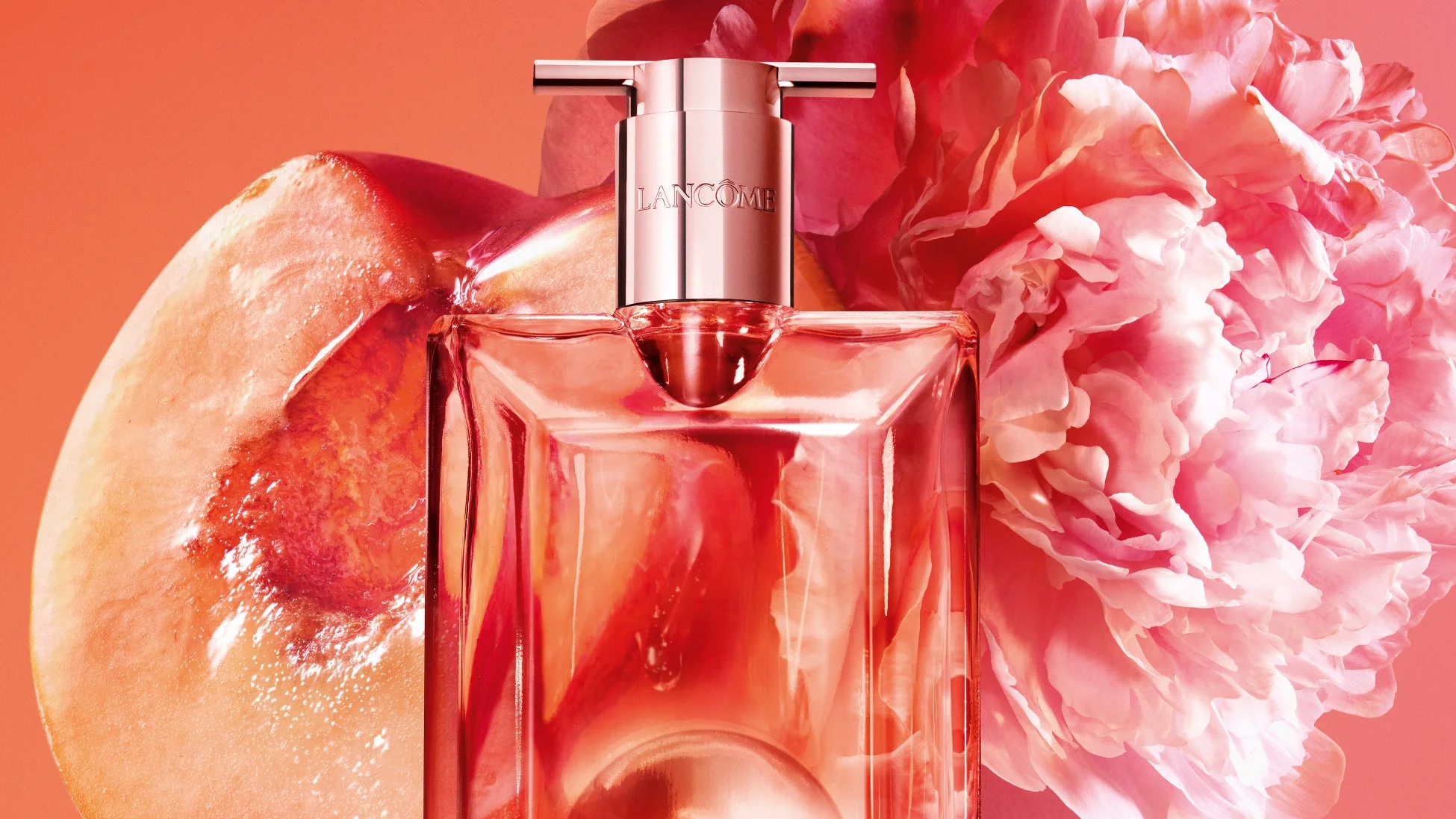 香水瓶、ピーチ、花