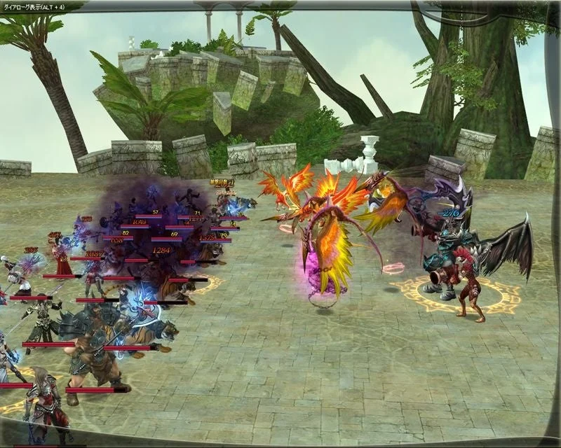 ファンタジー世界の屋外で繰り広げられる大規模なゲーム内戦闘シーン