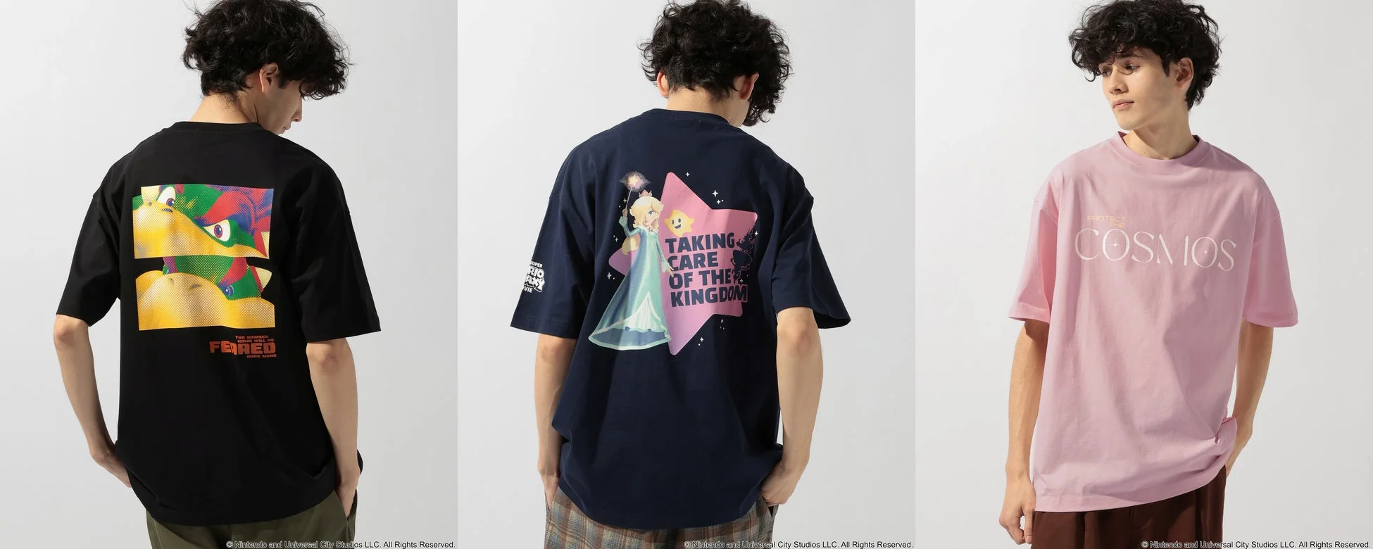 クッパ、ロゼッタ、ピーチ姫のTシャツを着用した男性モデル