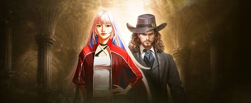 ピンク髪の女性とカウボーイハットをかぶった男性が、光が差し込む神秘的な遺跡のような場所で並び立つファンタジーアート