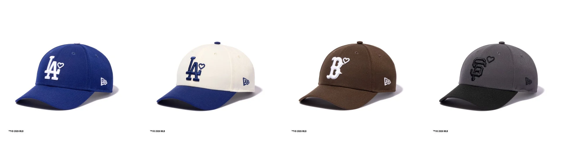 MLBのロサンゼルス・ドジャース、ボストン・レッドソックス、サンフランシスコ・ジャイアンツのロゴにハートマークがあしらわれたキャップ