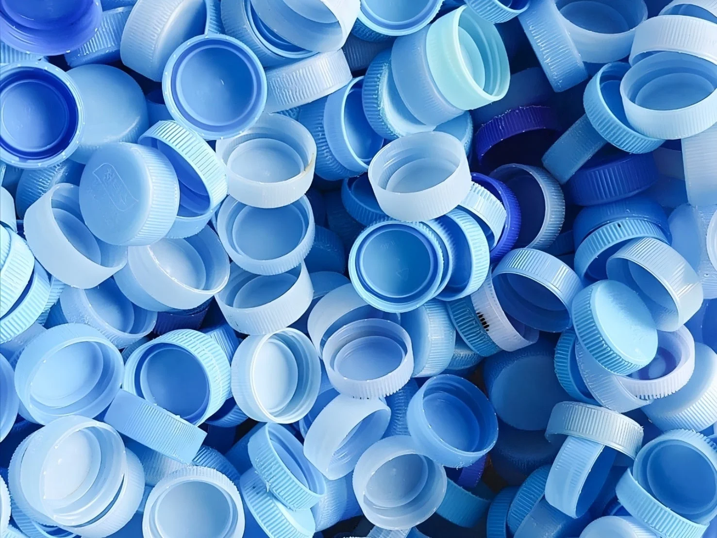 大量の青色や水色のプラスチック製ペットボトルキャップ