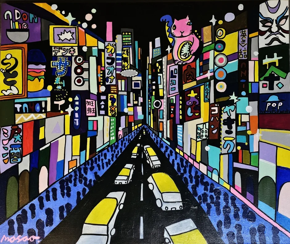 夜の日本の繁華街を描いたカラフルなポップアート