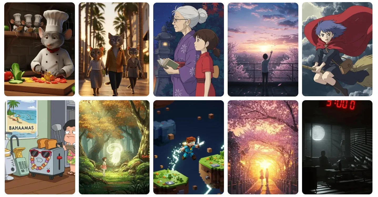 アニメーション映画、ゲーム、風景など多様なジャンルの画像で構成されたコラージュ