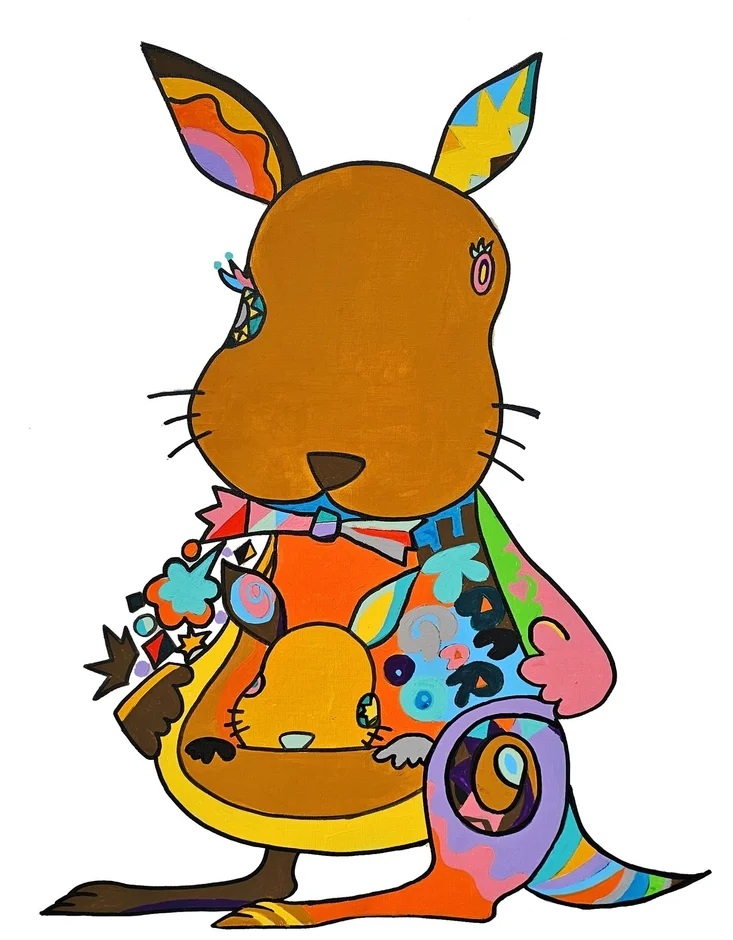 カンガルーの親子が描かれたカラフルな抽象イラスト