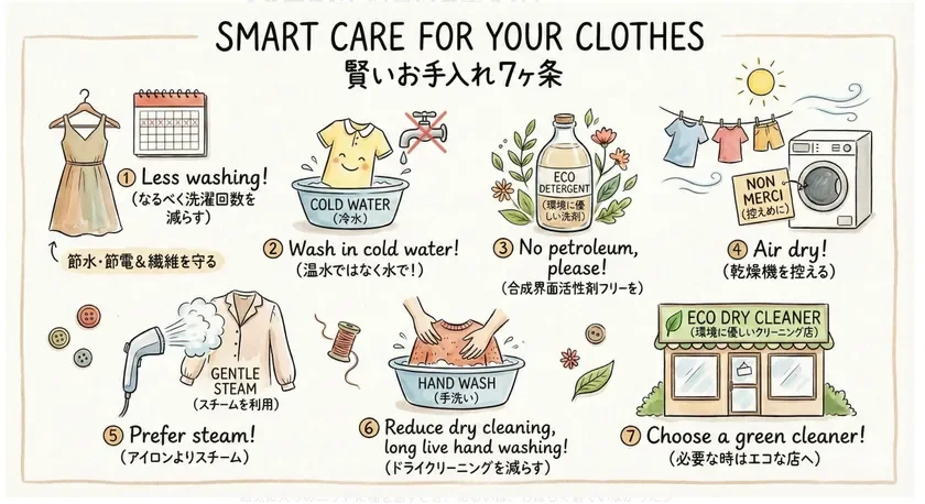 SMART CARE FOR YOUR CLOTHES 賢いお手入れ7ヶ条のイラスト