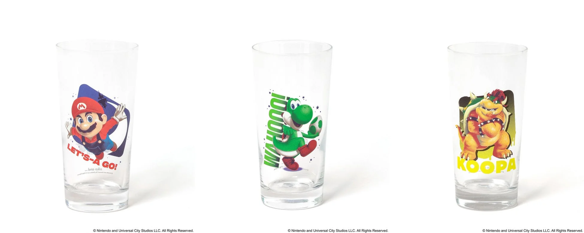 マリオ、ヨッシー、クッパがデザインされたグラス