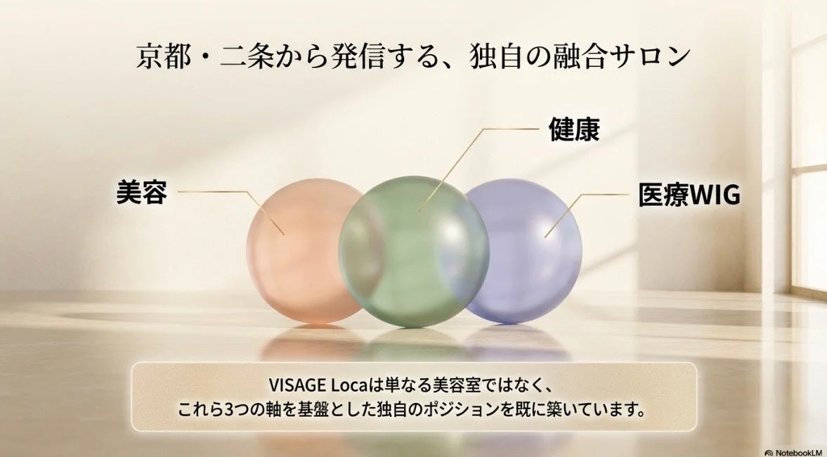 京都・二条から発信する独自の融合サロン「VISAGE Local」の紹介。美容、健康、医療WIGの3つの軸を基盤とし、単なる美容室ではない独自のサービスを提供している。