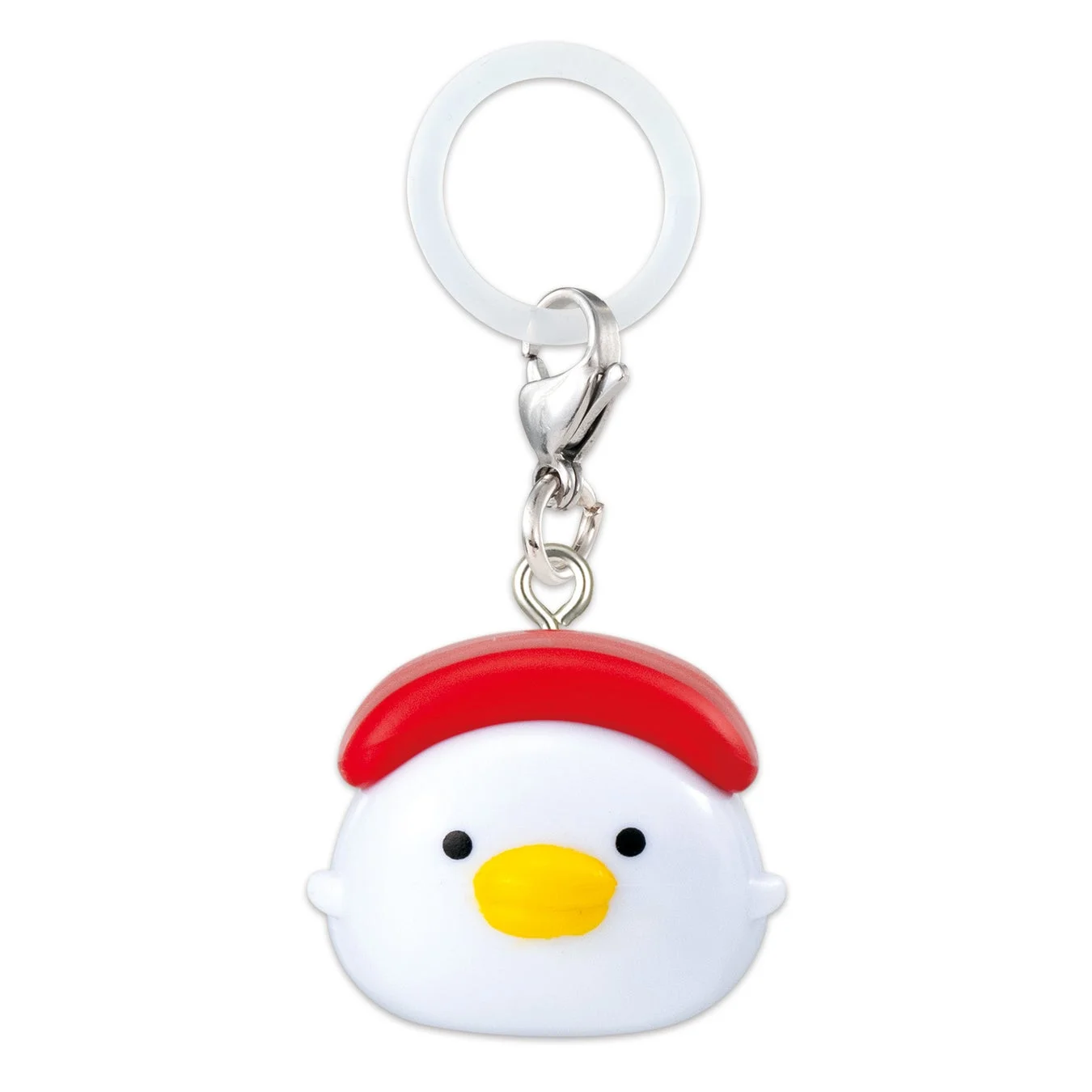 白いひよこ型のキャラクターが赤い帽子をかぶっているキーホルダー