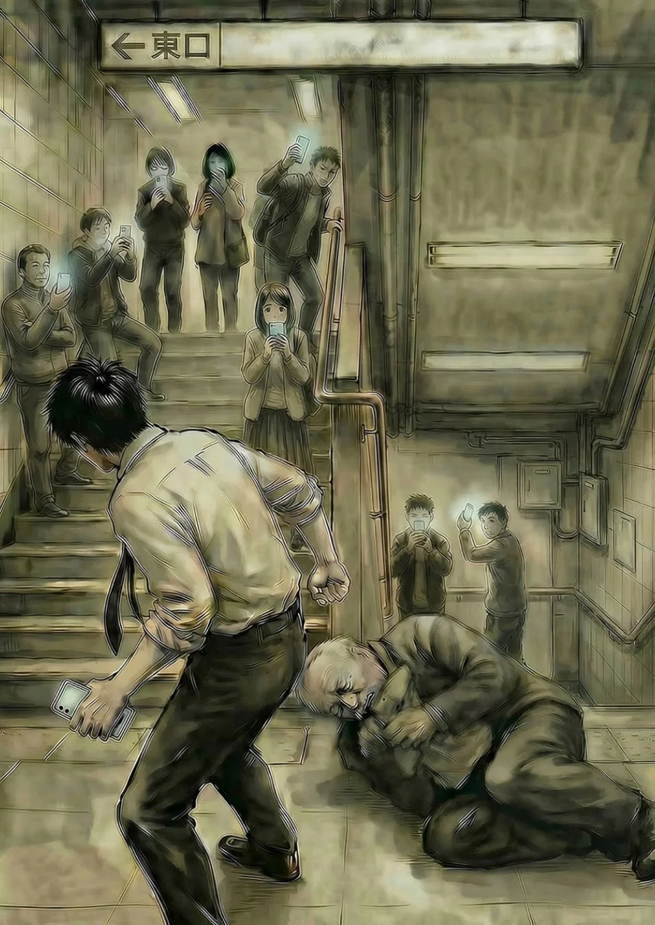 駅の階段で倒れた男性とスマートフォンを見る人々