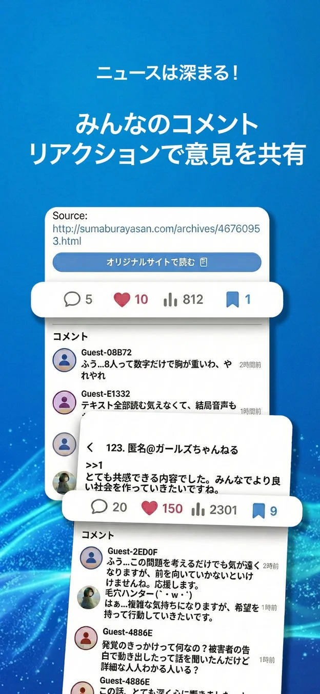 ニュース記事に対するコメントやリアクションの画面