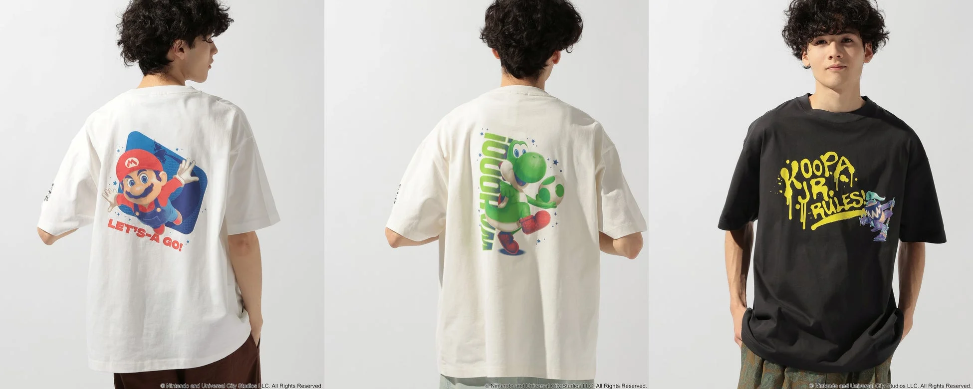 マリオ、ヨッシー、クッパJr.のTシャツを着用した男性モデル