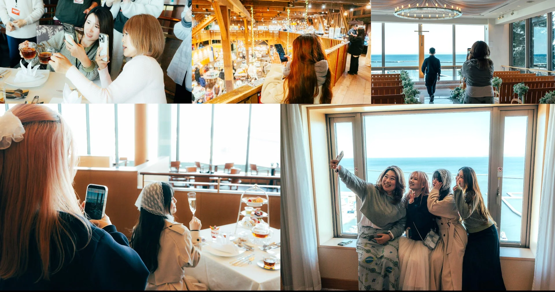 女性たちがスマートフォンで撮影を楽しむコラージュ