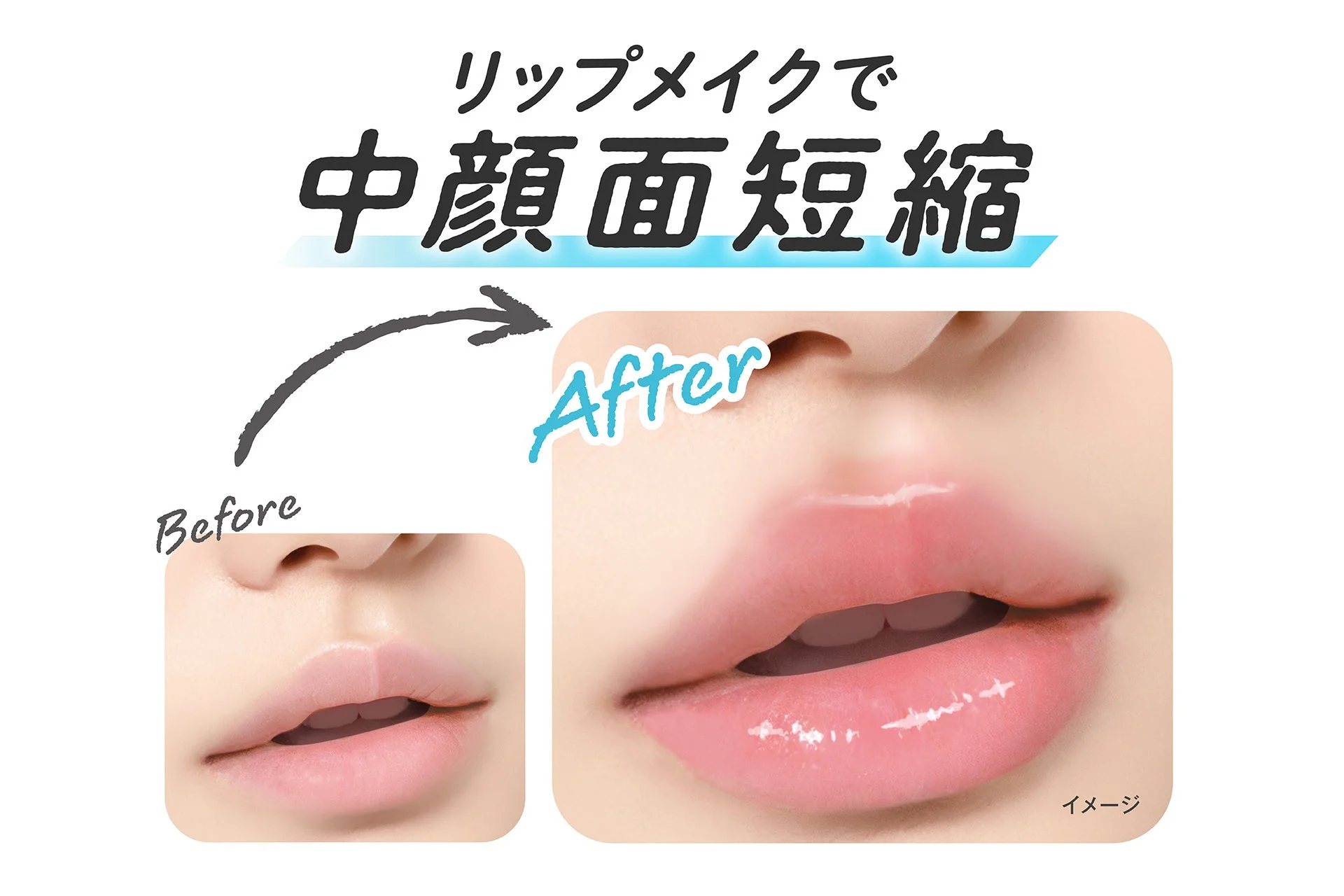 リップメイクで中顔面短縮 Before After イメージ