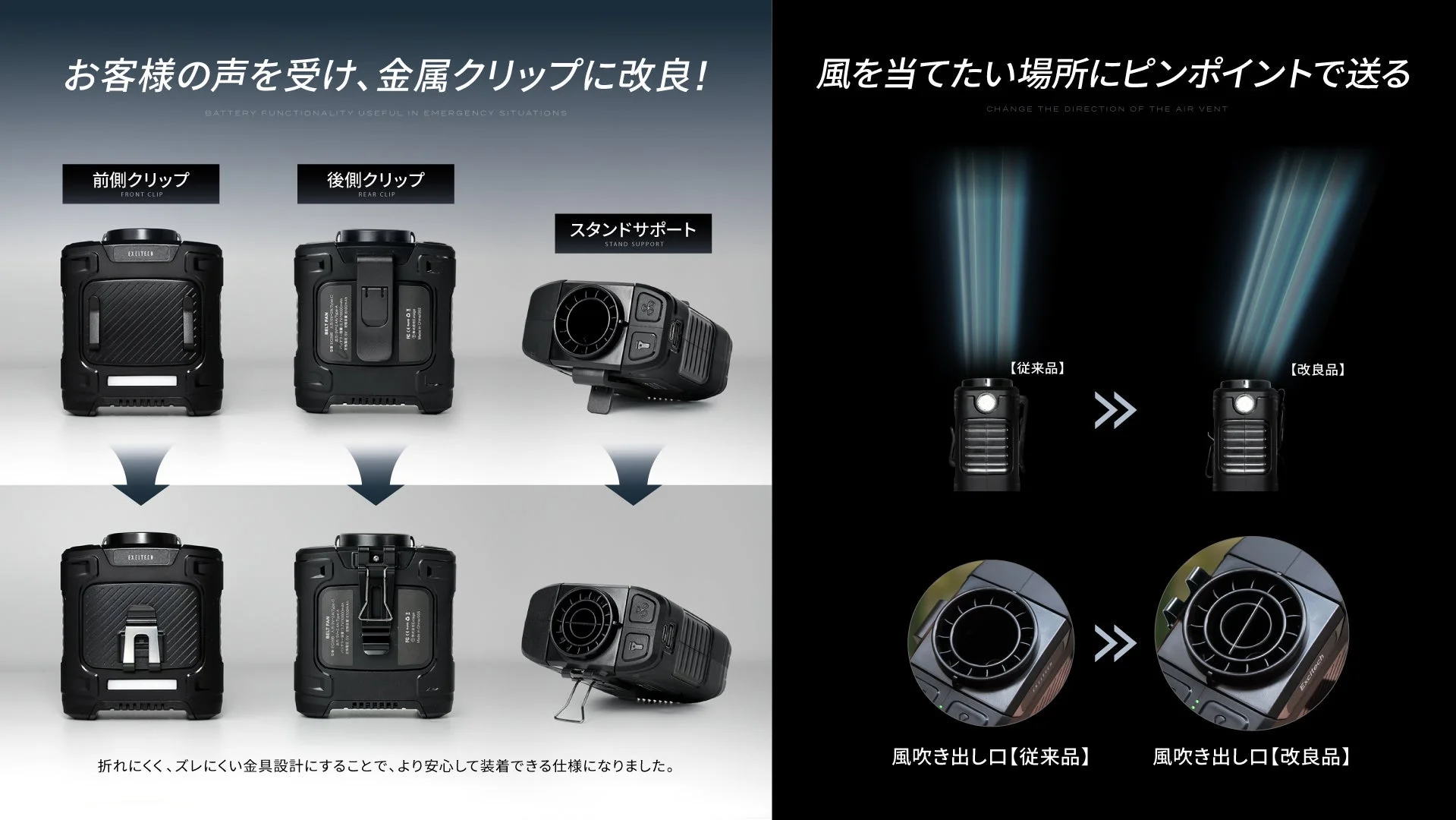 携帯扇風機の改良点を説明する画像です。