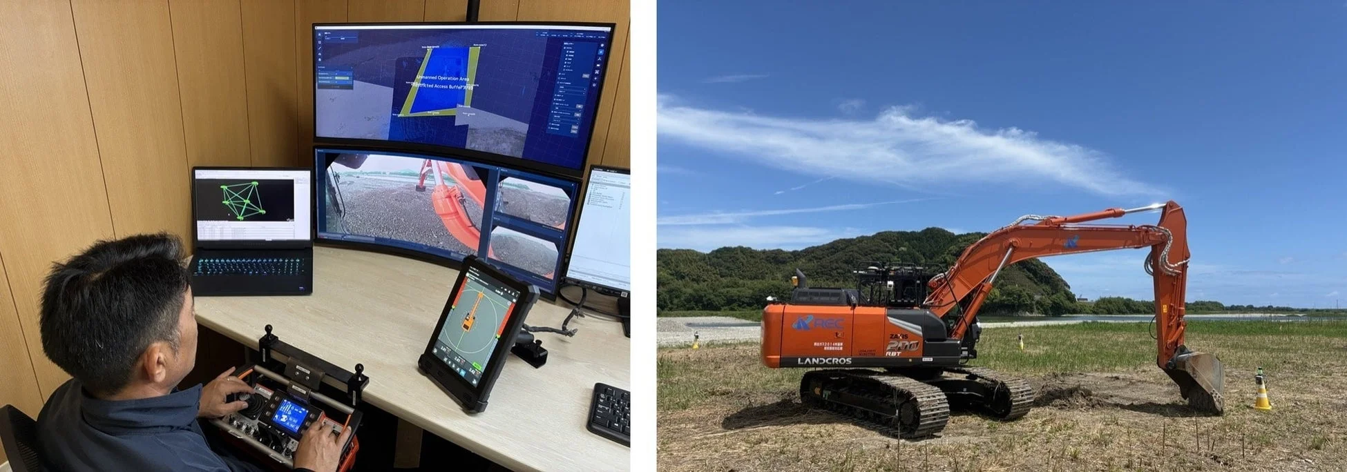 オペレーターが複数のモニターとコントローラーを使い、遠隔で無人建設機械の油圧ショベルを操作している