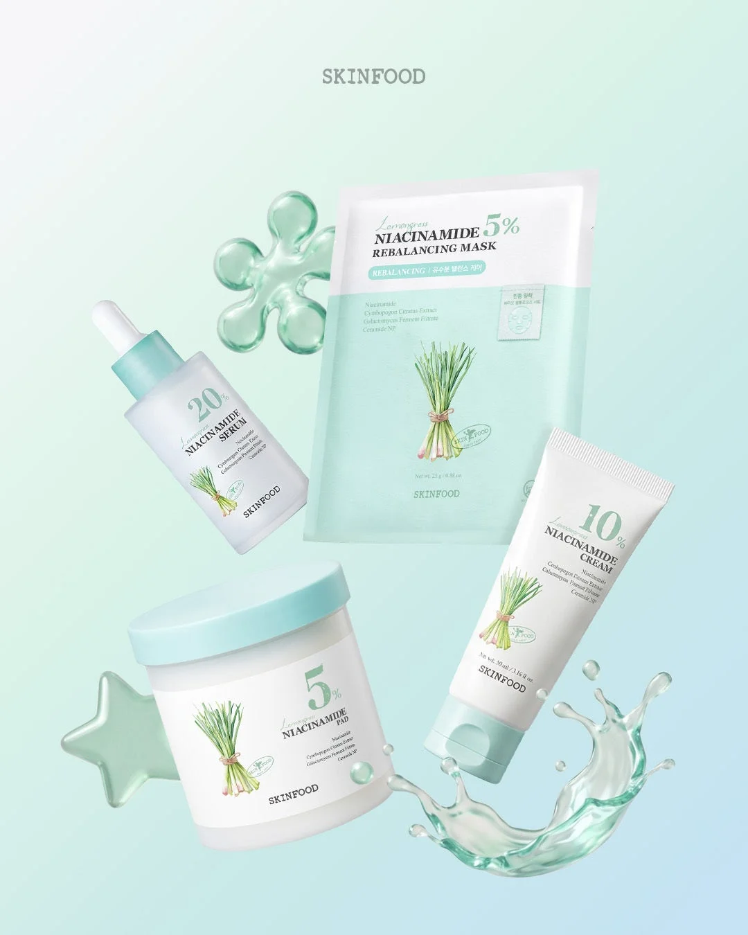 SKINFOODのレモングラスとナイアシンアミド配合スキンケア製品群の画像です。セラム、マスク、パッド、クリームが、水しぶきや透明な装飾と共に清潔感と潤いを表現しています。