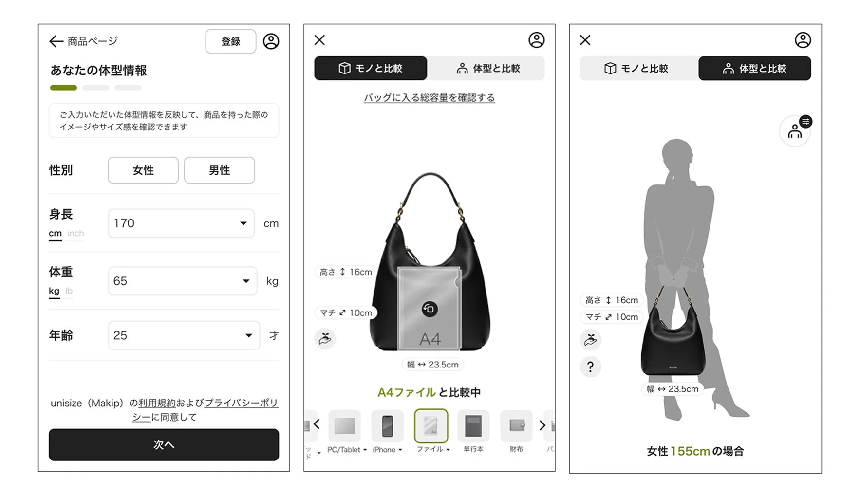 体型比較、バッグの容量確認