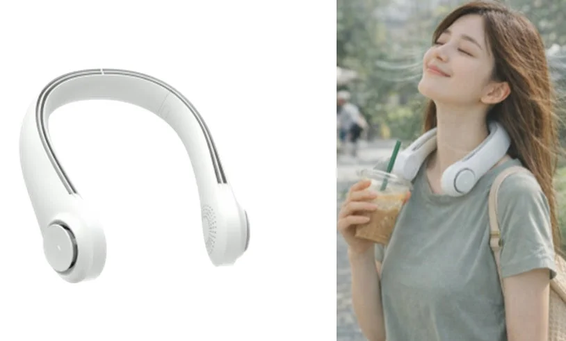 ネックファン,携帯扇風機,冷却グッズ,夏,女性,屋外,カフェラテ,リフレッシュ,ファッション
