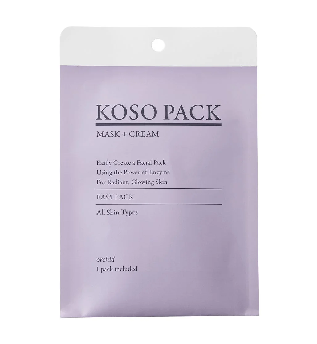 酵素の力で輝く肌へと導くフェイスパック「KOSO PACK」の個包装です。マスクとクリームがセットになっており、手軽にスペシャルケアができます。全肌質対応。