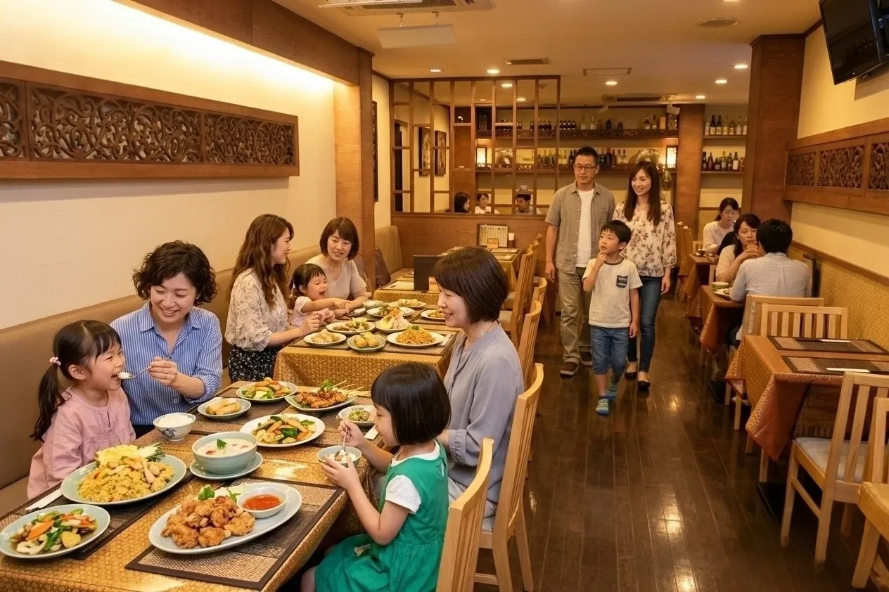 レストランで食事を楽しむ家族