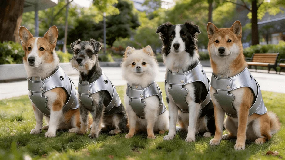 ベストを着た複数の犬