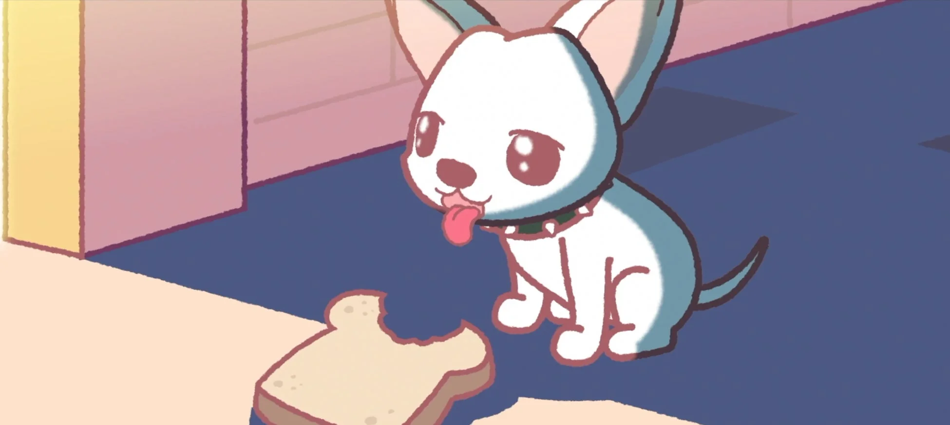 アニメ調の白いチワワが、かじりかけの食パンの横で舌を出して座っているイラスト