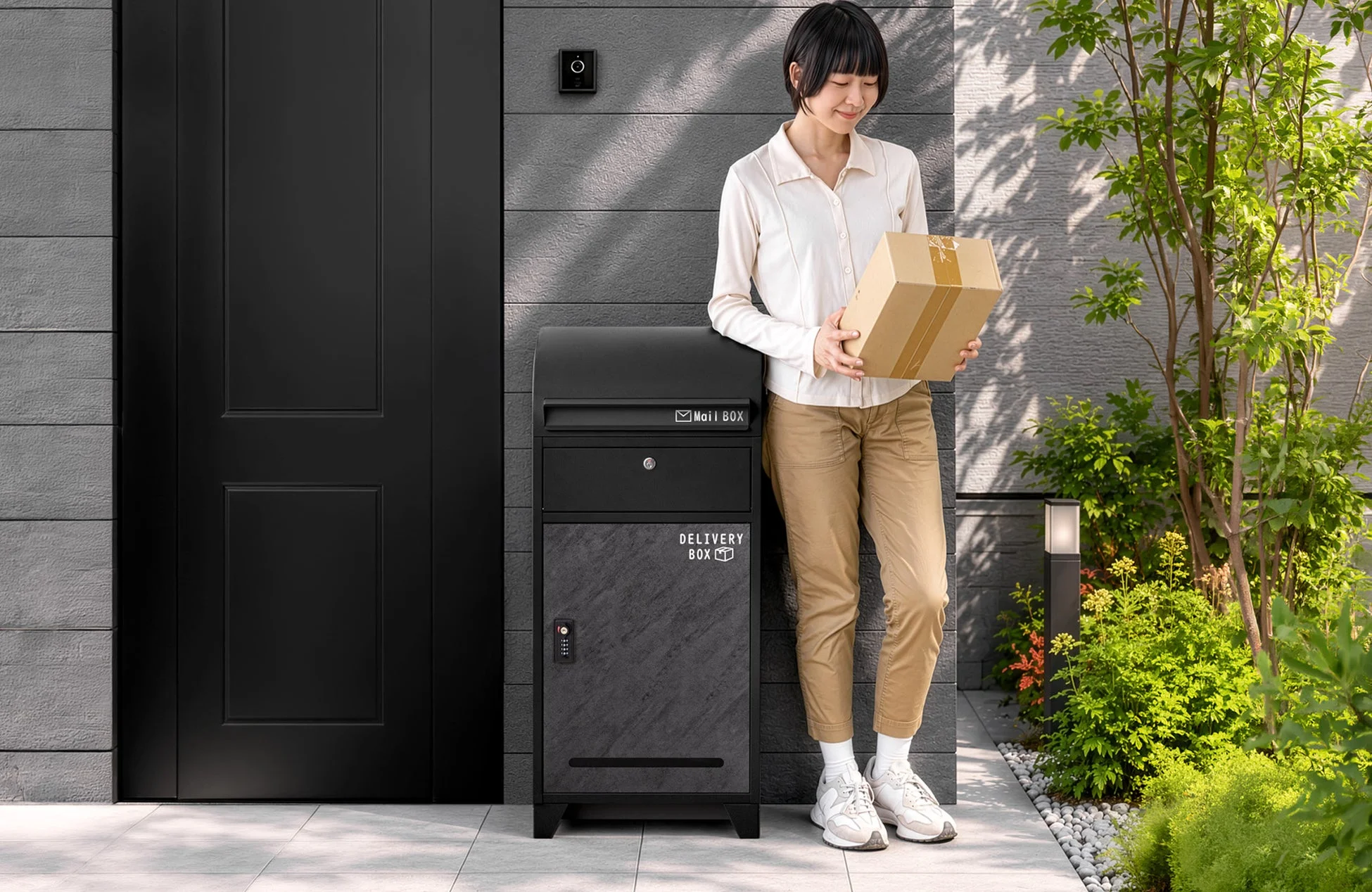 現代的な玄関で、若い女性が荷物を持って宅配ボックスと郵便ポストの前に立っています。モダンなデザインの家と緑豊かな庭が特徴です。