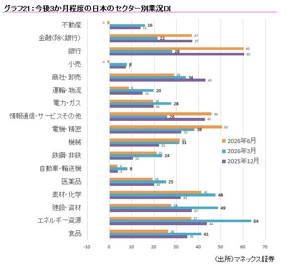 グラフ21:今後3か月程度の日本のセクター別業況DI