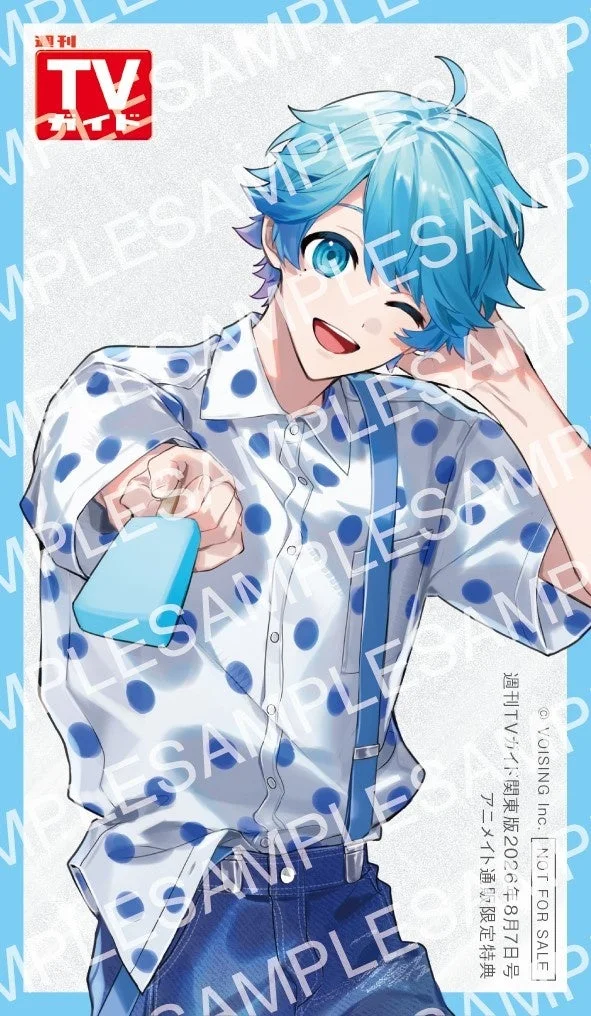 水色の髪の男性キャラクターがアイスキャンディーを持ってウィンクしているイラスト