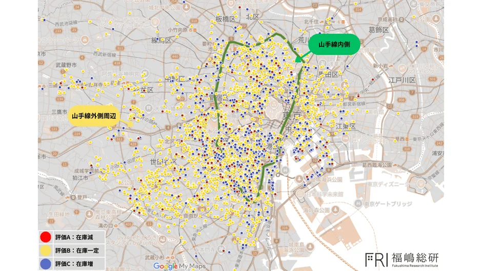 東京都内のマンション在庫推移を示す地図