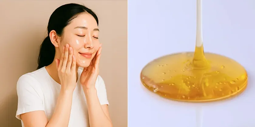 女性が顔にスキンケア製品を塗布する様子と、とろりとした黄金色の液体