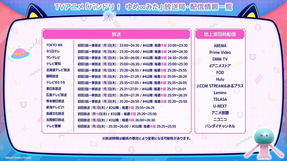 TVアニメ「バンドリ！ゆめ∞みた」放送局・配信情報一覧
