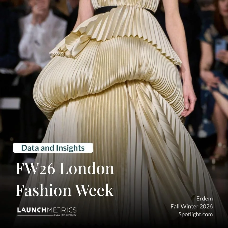 ロンドンファッションウィークFW26の広告で、モデルが優雅なゴールドのプリーツドレスを着用。ErdemのFall Winter 2026コレクションをフィーチャーし、LAUNCHMETRICSが提供するData and Insightsを強調