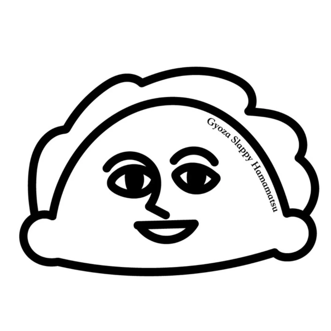 餃子のキャラクターと「Gyoza Slappy Hamamatsu」のロゴ