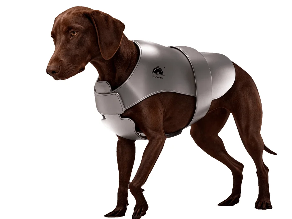 ペット用保護ベストを着用した犬
