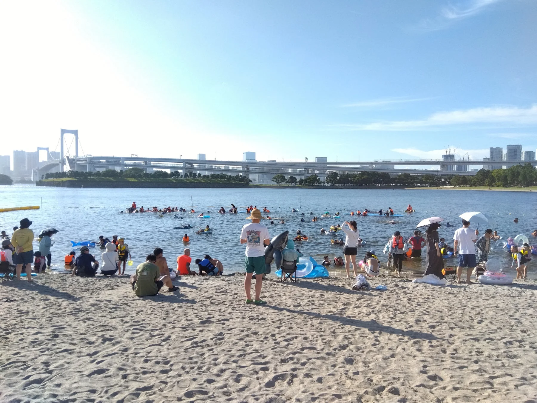 晴れた夏の日に賑わうお台場海浜公園のビーチ
