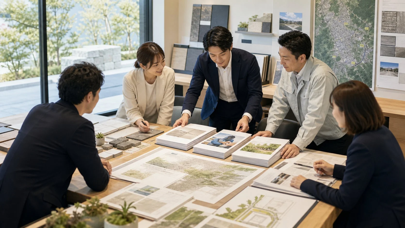 建築やデザインに関する資料を囲んで打ち合わせをするビジネスパーソン